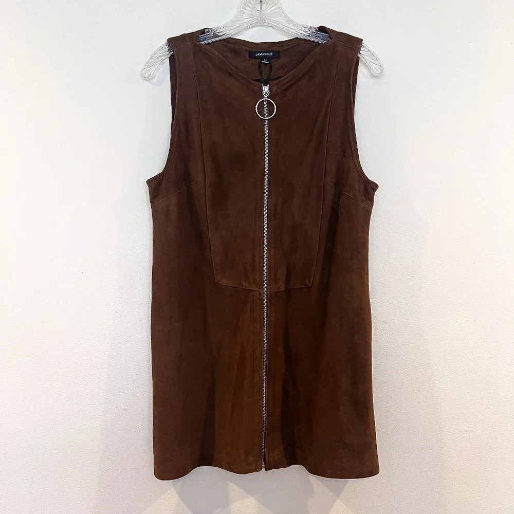 Lamarque 100% Leather Brown Suede Zip Front Structured Bohemian Mini Dress M - Picture 2 of 8